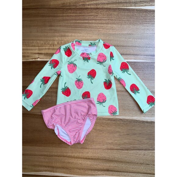 Carters Just One You Baby Girl Strawberry Rash Guard Striped Bottom Swimsuit Set - Picture 2 of 11